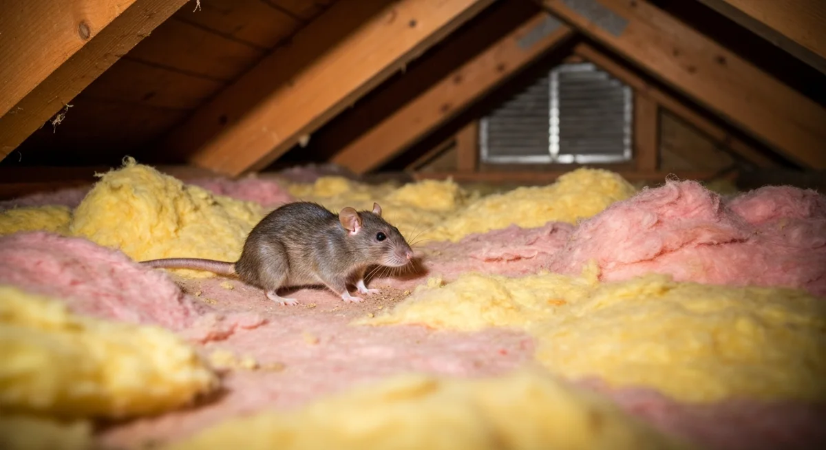 Live rat in a residential attic insulation space