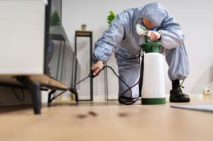 A professional pest control services in La Habra spraying pesticide under furniture to eliminate household pests and prevent infestations.